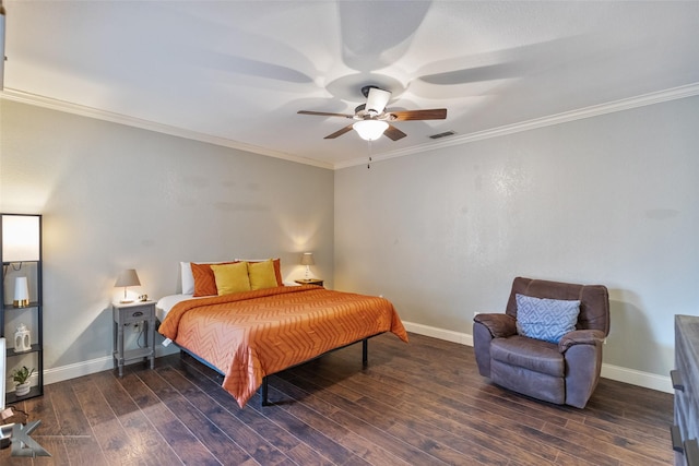 bedroom with ceiling fan, dark hardwood / wood-style flooring, and ornamental molding