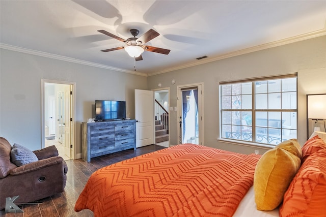 bedroom with ceiling fan, crown molding, and ensuite bath