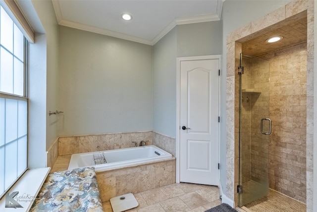 bathroom with shower with separate bathtub, crown molding, and tile patterned floors