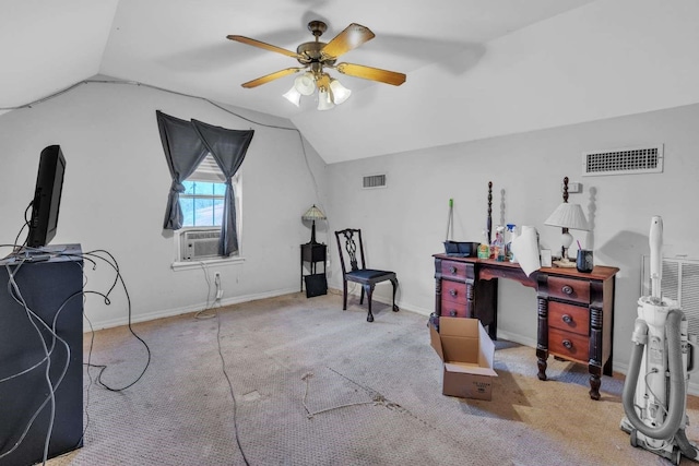 interior space with ceiling fan, cooling unit, and lofted ceiling