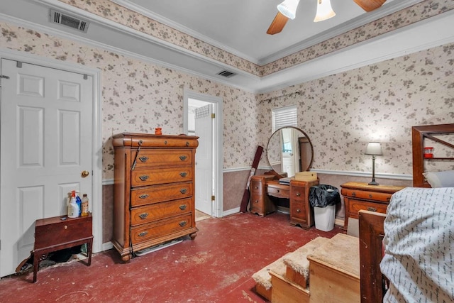 carpeted bedroom featuring ceiling fan and crown molding