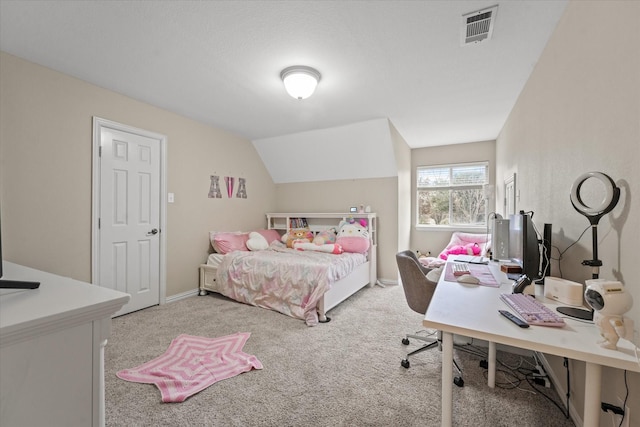 carpeted bedroom featuring vaulted ceiling