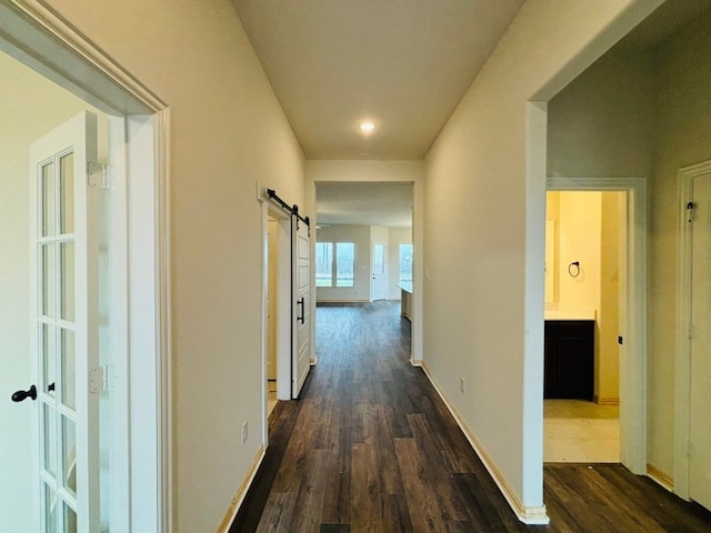 corridor featuring a barn door and dark hardwood / wood-style flooring