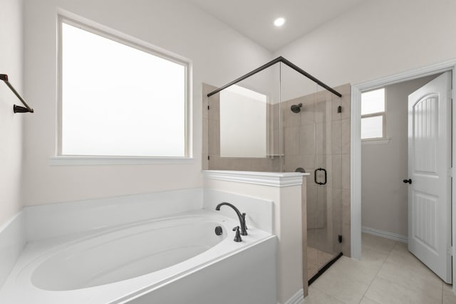 120 Roosevelt Ln, Valley View, TX 76272 - bathroom with a bath, tile patterned flooring, and a stall shower