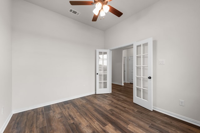 120 Roosevelt Ln, Valley View, TX 76272 - unfurnished bedroom with visible vents, french doors, dark wood-style flooring, baseboards, and ceiling fan