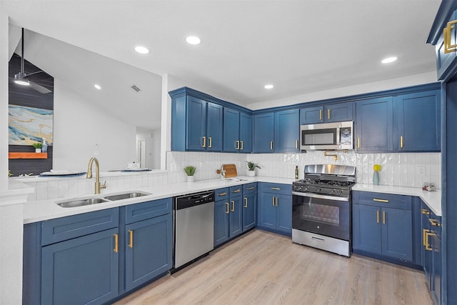 kitchen featuring sink, blue cabinetry, and appliances with stainless steel finishes