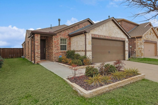 ranch-style house featuring a garage and a front yard