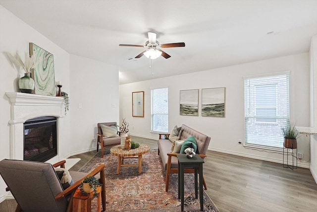 living room with ceiling fan and hardwood / wood-style floors