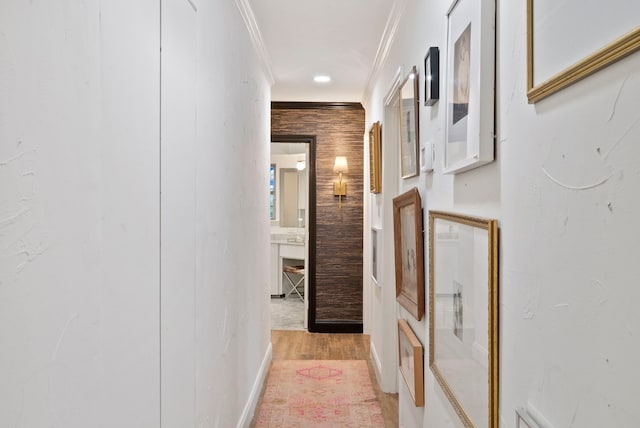 hall featuring light hardwood / wood-style flooring and crown molding