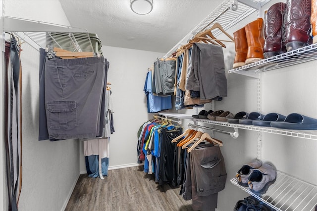 walk in closet with wood-type flooring