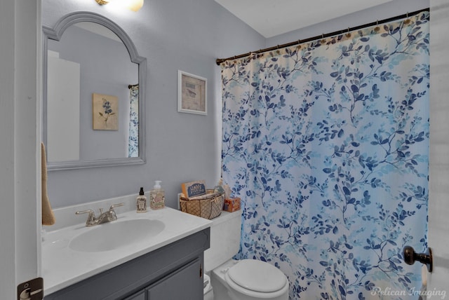 bathroom featuring toilet, vanity, and a shower with curtain