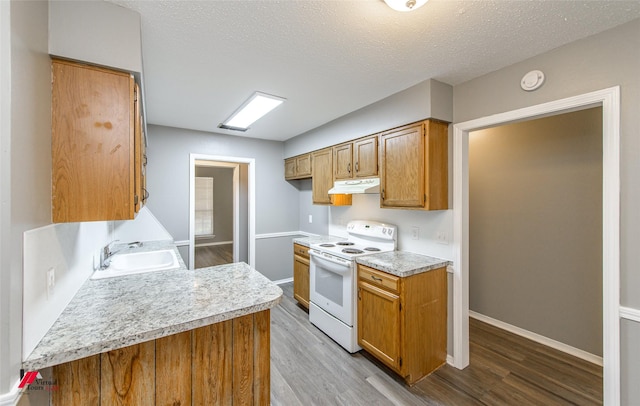 kitchen with white range with electric cooktop, sink, a textured ceiling, and hardwood / wood-style flooring