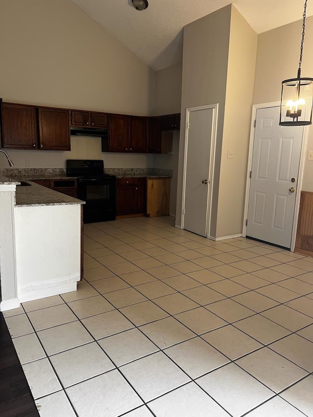 kitchen with a notable chandelier, decorative light fixtures, high vaulted ceiling, black / electric stove, and sink