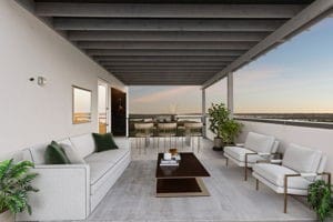 patio terrace at dusk with outdoor lounge area