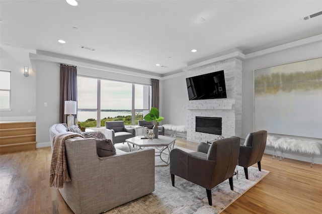 living room featuring light hardwood / wood-style floors and a fireplace