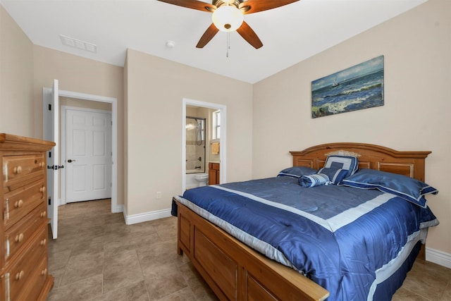 bedroom with ensuite bath and ceiling fan