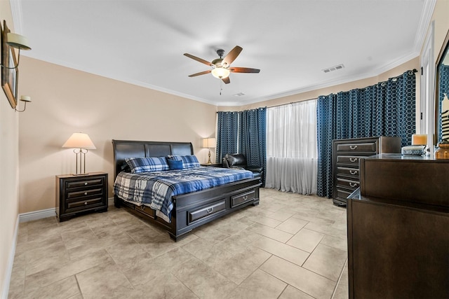 tiled bedroom featuring ceiling fan and crown molding