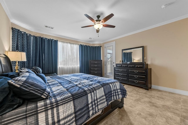 bedroom with ceiling fan and ornamental molding