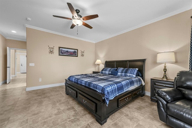 bedroom with ceiling fan and ornamental molding