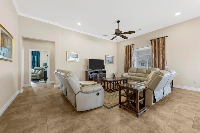 living room with ceiling fan and crown molding