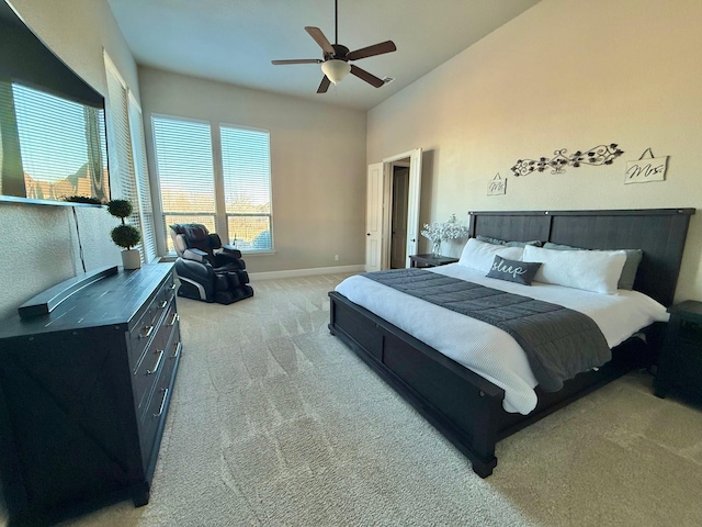 bedroom with ceiling fan and carpet