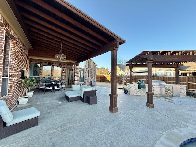 view of patio / terrace with an outdoor hangout area, a pergola, and area for grilling