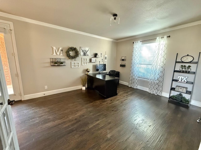 office with dark hardwood / wood-style floors, ornamental molding, and a textured ceiling