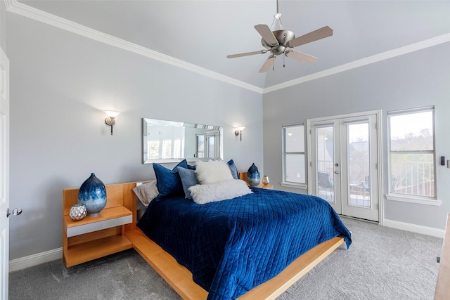 carpeted bedroom with french doors, crown molding, a towering ceiling, ceiling fan, and access to exterior