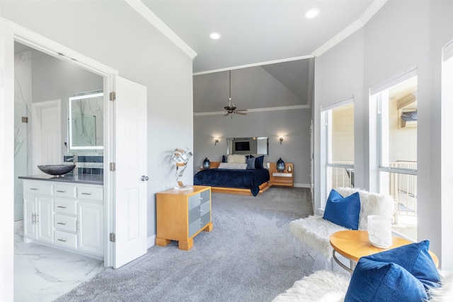 bedroom featuring a sink, multiple windows, baseboards, and ornamental molding