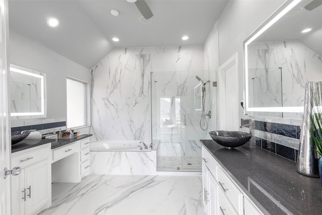 full bathroom with a marble finish shower, marble finish floor, a bath, and vanity