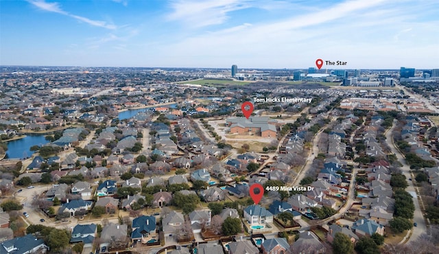 aerial view with a water view and a residential view