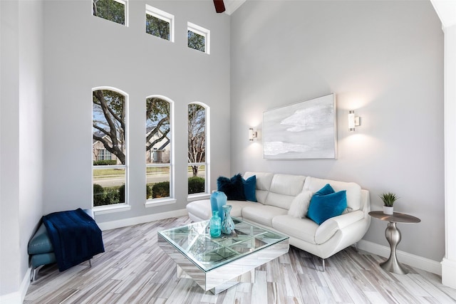 living room featuring a high ceiling and light hardwood / wood-style flooring