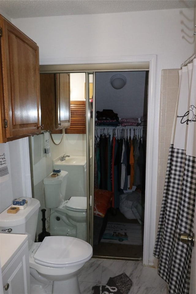 bathroom featuring toilet, a shower with curtain, and vanity