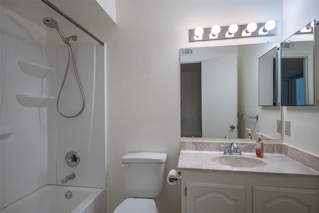 bathroom featuring toilet,  shower combination, vanity, and visible vents