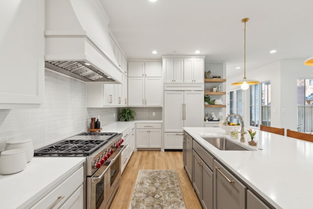 kitchen featuring premium range hood, high quality appliances, white cabinets, and sink