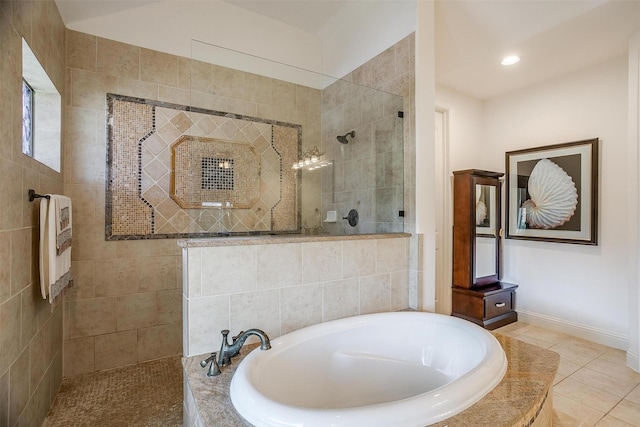 bathroom featuring tile patterned floors, heating unit, and plus walk in shower