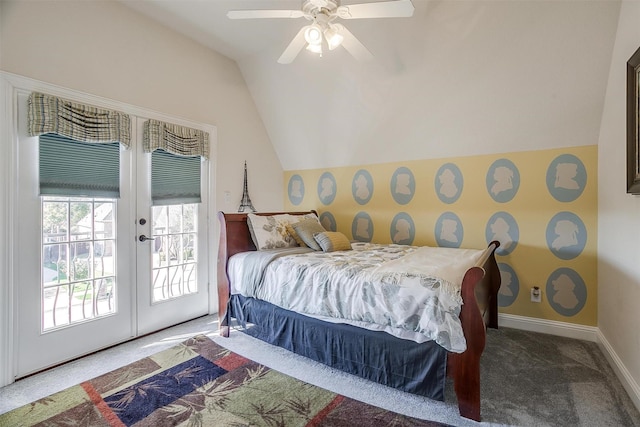 bedroom featuring ceiling fan, french doors, access to outside, carpet floors, and lofted ceiling