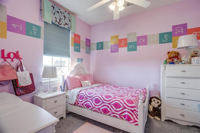 carpeted bedroom featuring ceiling fan