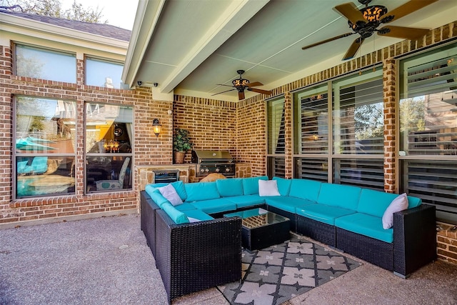 view of patio / terrace with ceiling fan, an outdoor hangout area, and area for grilling