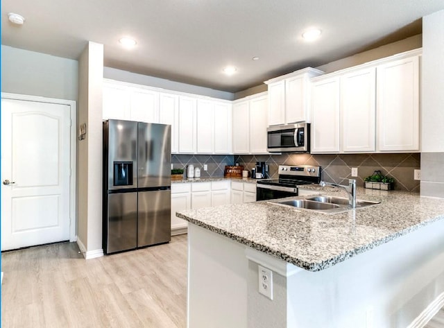 kitchen featuring kitchen peninsula, appliances with stainless steel finishes, white cabinetry, and sink