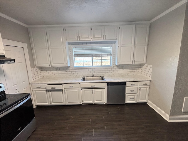 kitchen with white cabinets, dark wood-type flooring, stainless steel appliances, sink, and crown molding