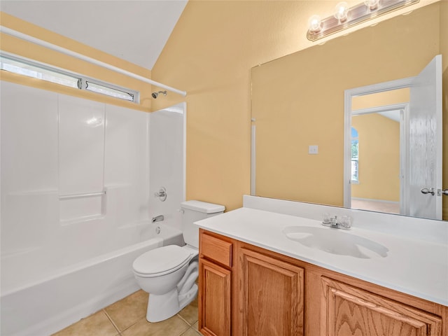 full bathroom featuring toilet, bathtub / shower combination, tile patterned flooring, lofted ceiling, and vanity