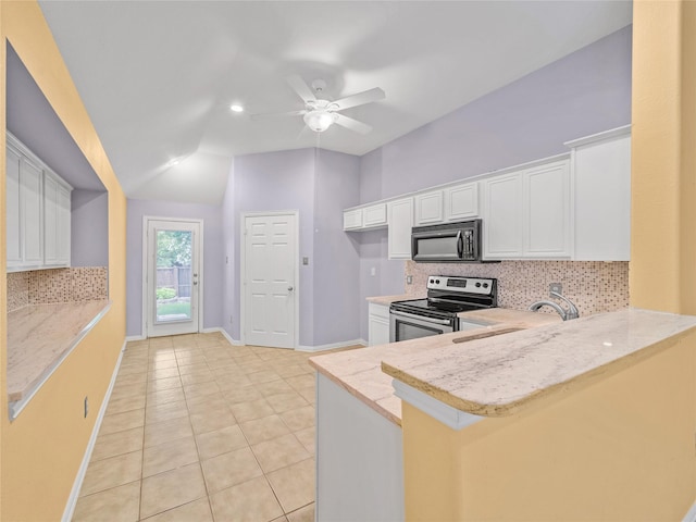 kitchen with ceiling fan, white cabinetry, kitchen peninsula, and stainless steel electric range