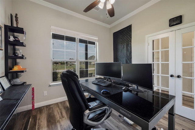 home office with ceiling fan, dark wood-type flooring, ornamental molding, and french doors