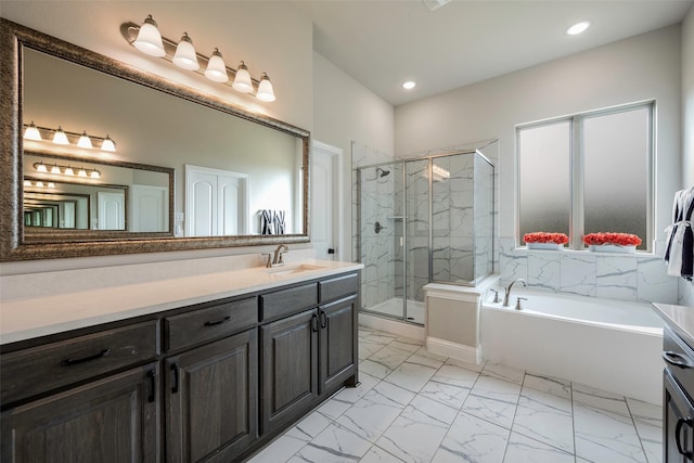 bathroom featuring vanity and plus walk in shower