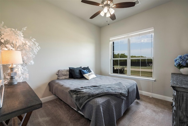 bedroom featuring ceiling fan and carpet floors