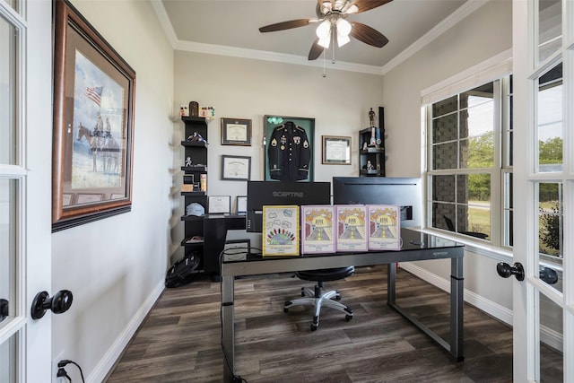 home office featuring ceiling fan, crown molding, and dark hardwood / wood-style floors