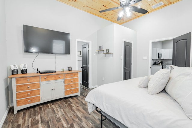 bedroom featuring ceiling fan, dark hardwood / wood-style floors, and wooden ceiling