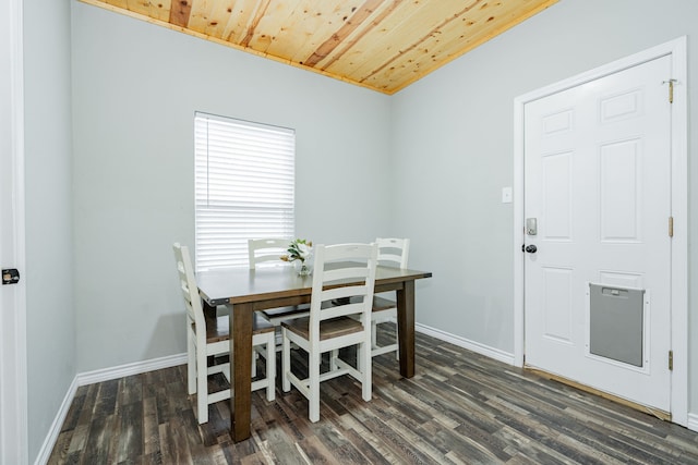 dining area featuring dark hardwood / wood-style flooring and wooden ceiling