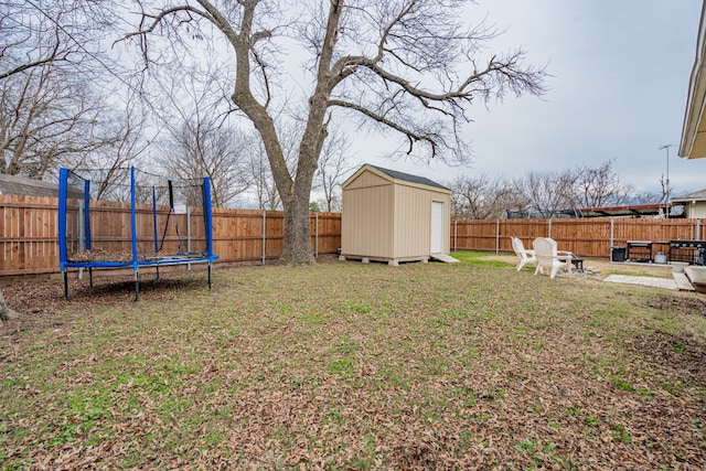 view of yard with a shed and a trampoline